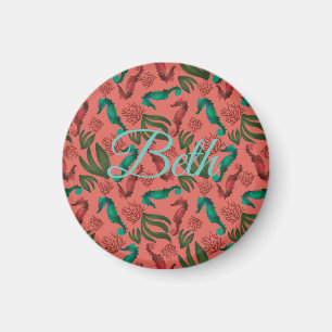 Watercolor Seahorse Coral Nautical Personalized Magnet