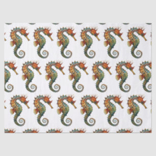 Watercolor Seahorse Green Orange Pattern Decoupage Tissue Paper