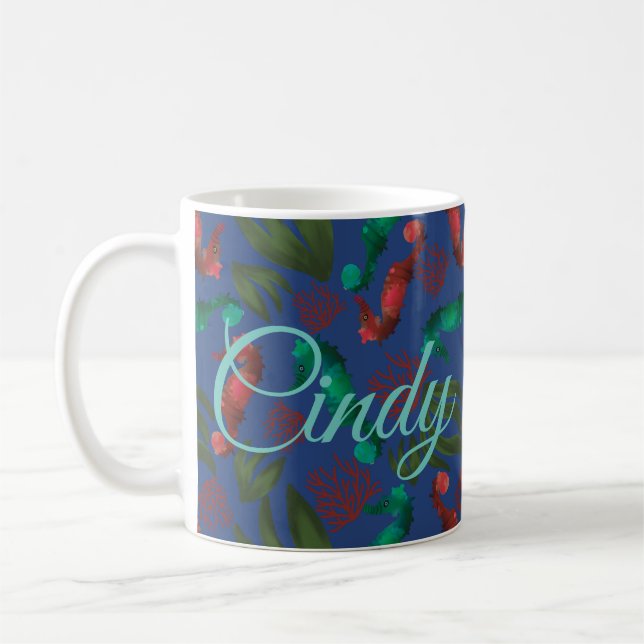 Watercolor Seahorse Indigo Nautical Personalized Coffee Mug (Left)