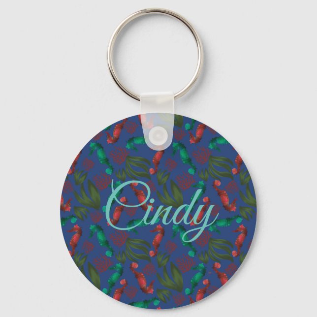 Watercolor Seahorse Indigo Nautical Personalized Keychain (Front)