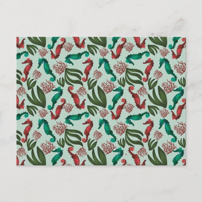 Watercolor Seahorse Mint Nautical Pattern Postcard (Front)