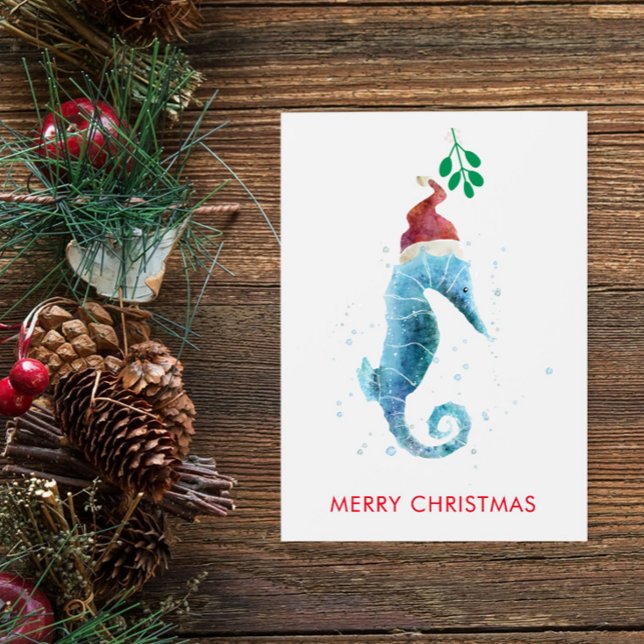 Watercolor Seahorse Mistletoe Nautical Named Holiday Card (Creator Uploaded)