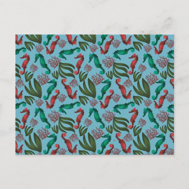 Watercolor Seahorse Nautical Pattern Postcard (Front)