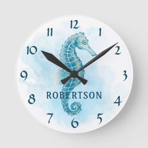 Watercolor Seahorse Ocean Beach Name Round Clock