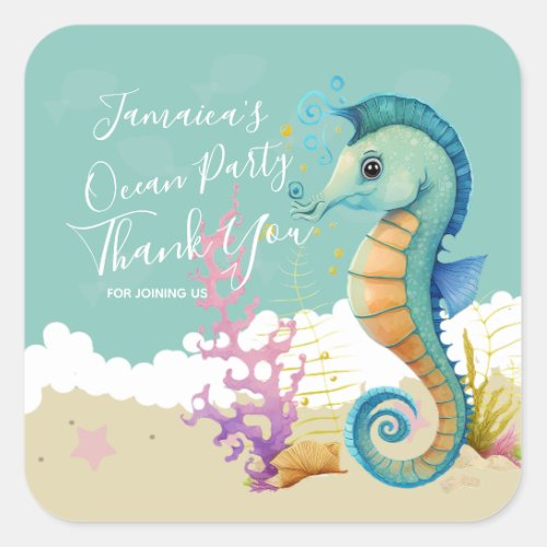 Watercolor Seahorse Ocean Birthday Thank You  Square Sticker