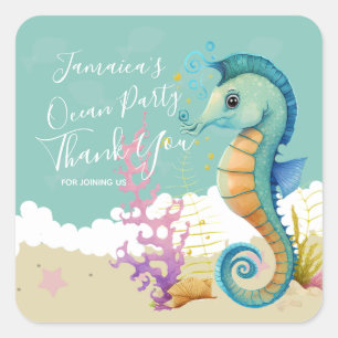 Watercolor Seahorse Ocean Birthday Thank You Square Sticker