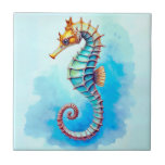 Watercolor Seahorse on Turquoise  Ceramic Tile<br><div class="desc">Ceramic tile in a watercolor design of a quirky,  colorful seahorse with tan,  turquoise,  and aqua hues. The coiled tail and bumpy texture give it personality,  and the soft turquoise background adds a dreamy underwater feel.</div>