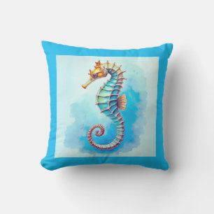 Watercolor Seahorse on Turquoise Outdoor Pillow