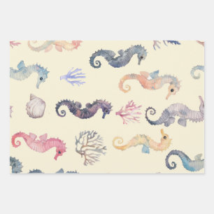 Watercolor Seahorse Pattern Coastal Nursery Ocean Wrapping Paper Sheets