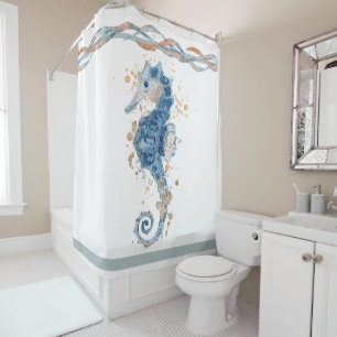 Watercolor Seahorse peach navy blue seafoam ribbon Shower Curtain