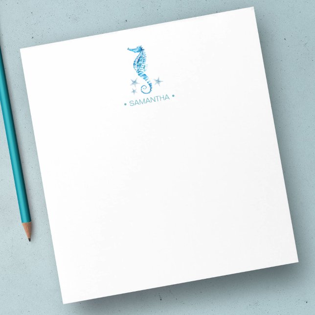 Watercolor Seahorse Personalized Stationery Notepad (Seahorse custom notepad unique watercolor art by Victoria Grigaliunas)