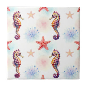 Watercolor Seahorse Starfish Pattern Ceramic Tile
