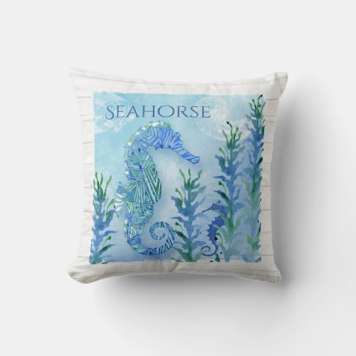 Watercolor Seahorse Vintage Nautilus Shell Ocean Throw Pillow