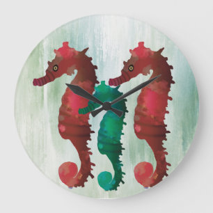 Watercolor Seahorses Nautical Large Clock