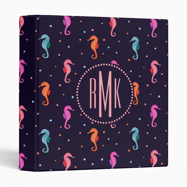 Watercolor Seahorses on Navy Blue Pattern Binder (Front/Spine)