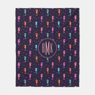 Watercolor Seahorses on Navy Blue Pattern Fleece Blanket