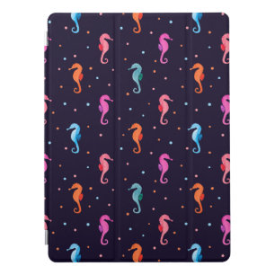 Watercolor Seahorses on Navy Blue Pattern iPad Pro Cover