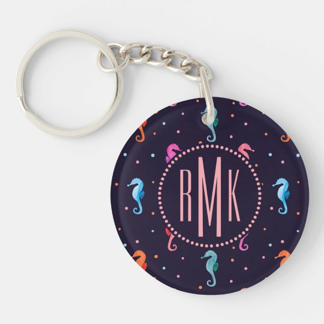 Watercolor Seahorses on Navy Blue Pattern Keychain (Front)