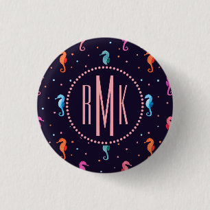 Watercolor Seahorses on Navy Blue Pattern Pinback Button