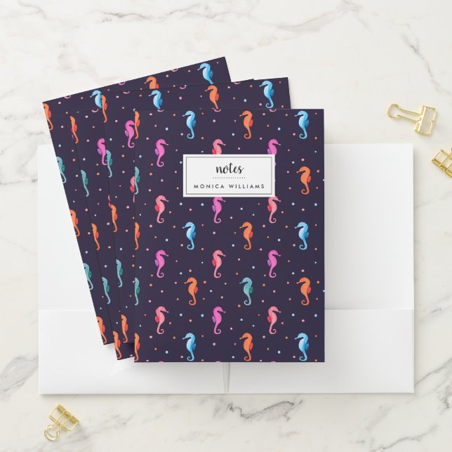 Watercolor Seahorses on Navy Blue Pattern Pocket Folder (In Situ)