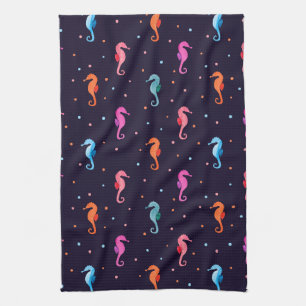 Watercolor Seahorses on Navy Blue Pattern Towel