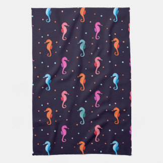 Watercolor Seahorses on Navy Blue Pattern Towel