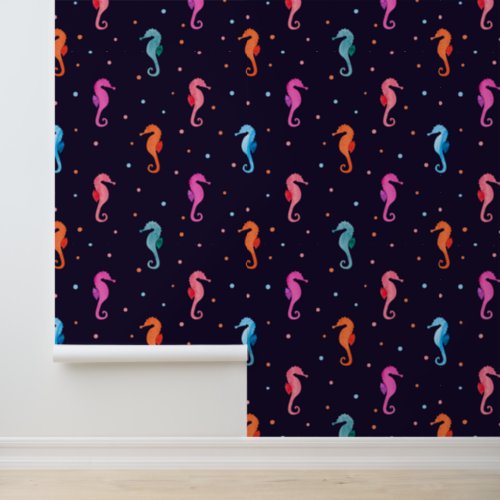 Watercolor Seahorses on Navy Blue Pattern Wallpaper