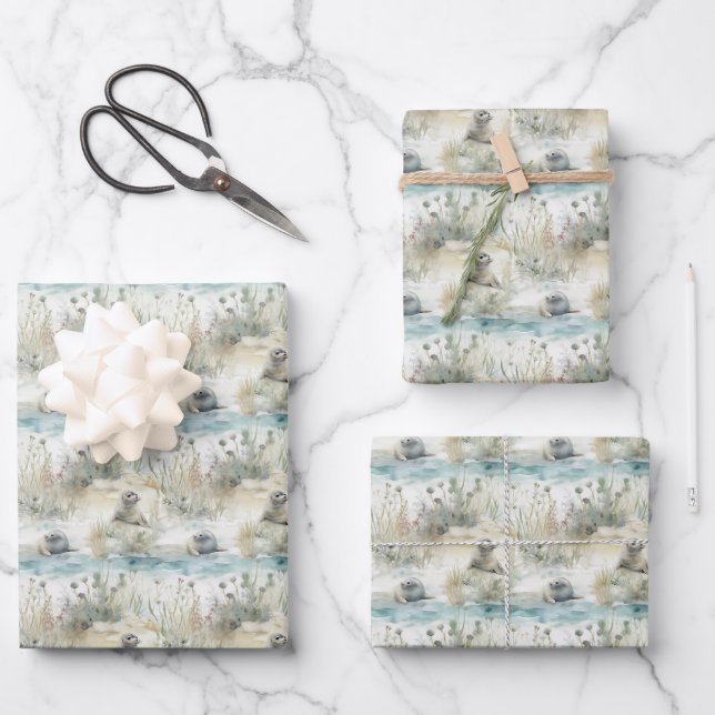 Watercolor Seals Coastal Wrapping Paper Sheets (Front)