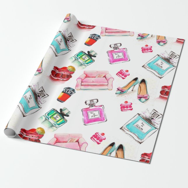 Watercolor seamless fashion glamour pattern on whi wrapping paper (Unrolled)