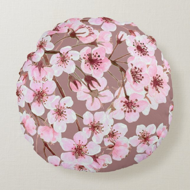 Watercolor seamless pattern made of cherry blossom round pillow (Front)