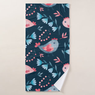 Watercolor seamless pattern of chickens flowers in bath towel