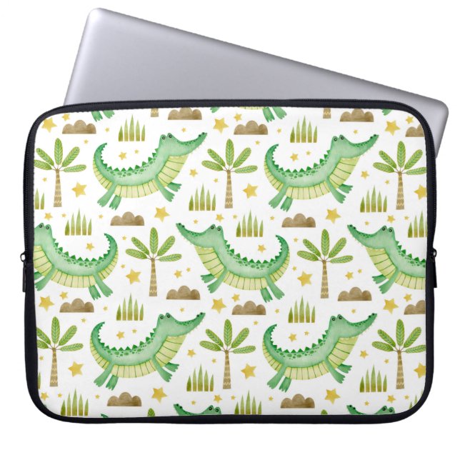Watercolor seamless pattern of crocodile palm tree laptop sleeve (Front)