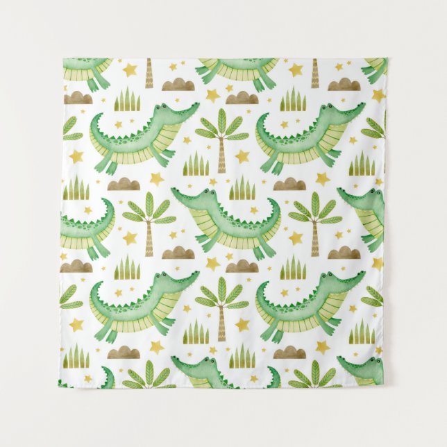 Watercolor seamless pattern of crocodile palm tree tapestry (Front)