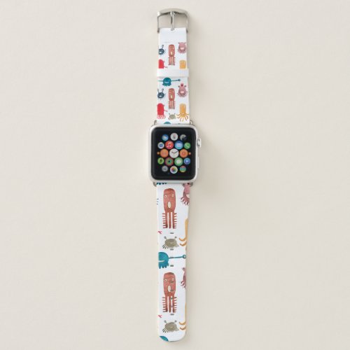 Watercolor seamless pattern of funny monsters and  apple watch band