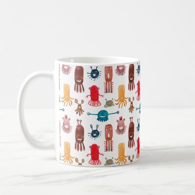 Watercolor seamless pattern of funny monsters and  coffee mug (Left)