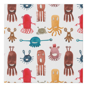 Watercolor seamless pattern of funny monsters and faux canvas print