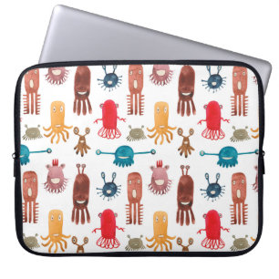 Watercolor seamless pattern of funny monsters and laptop sleeve