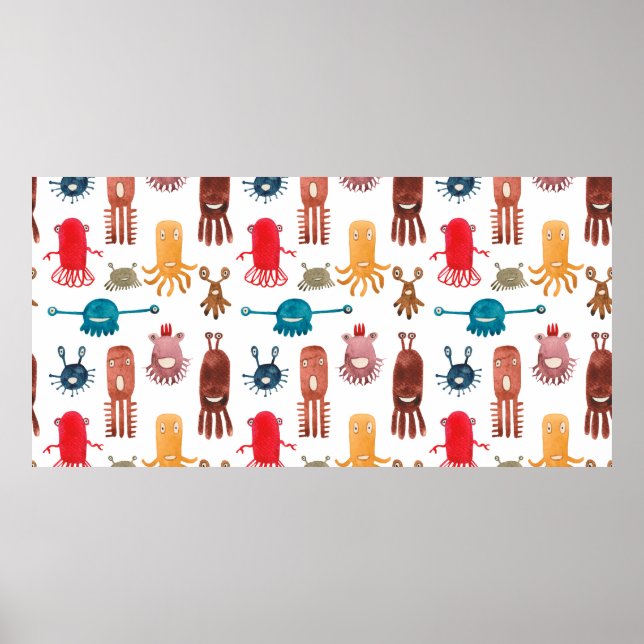 Watercolor seamless pattern of funny monsters and  poster (Front)