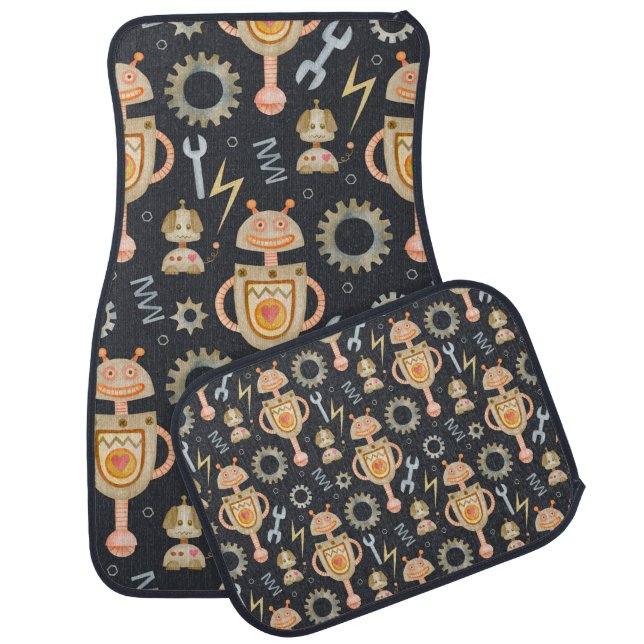Watercolor seamless pattern robots car floor mat (Set)