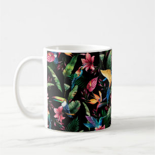 Watercolor seamless pattern, tropical birds, touca coffee mug