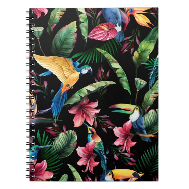 Watercolor seamless pattern, tropical birds, touca notebook (Front)