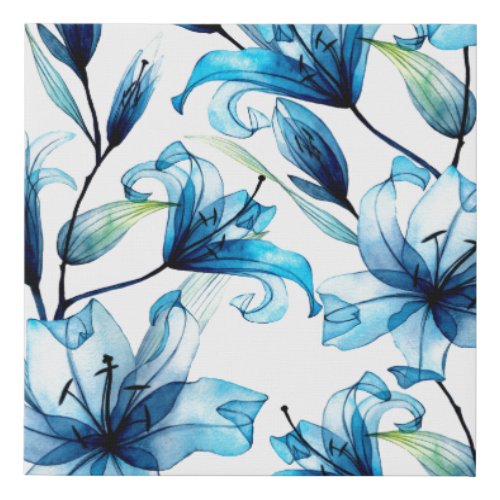 Watercolor seamless pattern with blue lilies faux canvas print