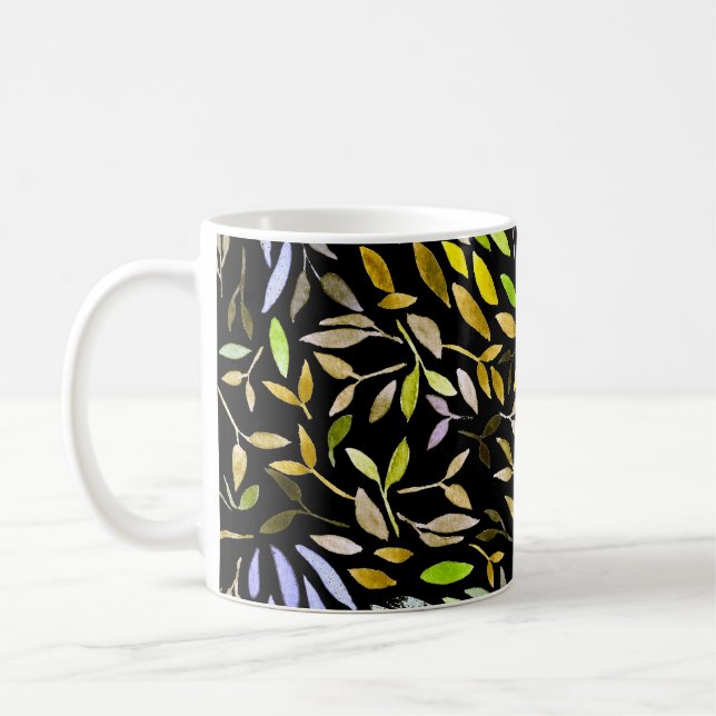 Watercolor seamless pattern with colorful leaves.  coffee mug (Left)