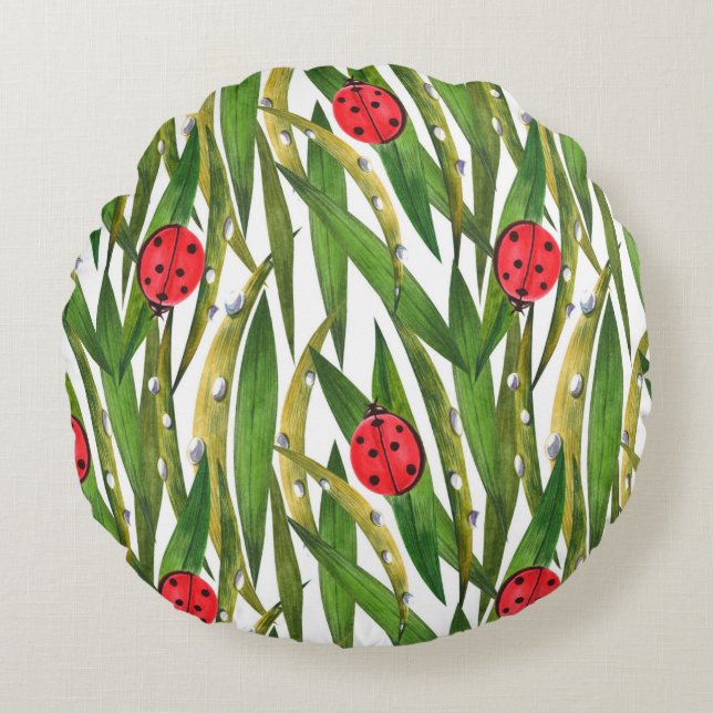 Watercolor seamless pattern with ladybugs. Against Round Pillow (Front)