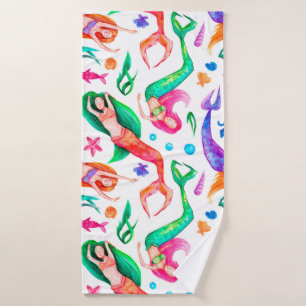 Watercolor seamless pattern with mermaids, seashel bath towel