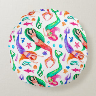 Watercolor seamless pattern with mermaids, seashel round pillow