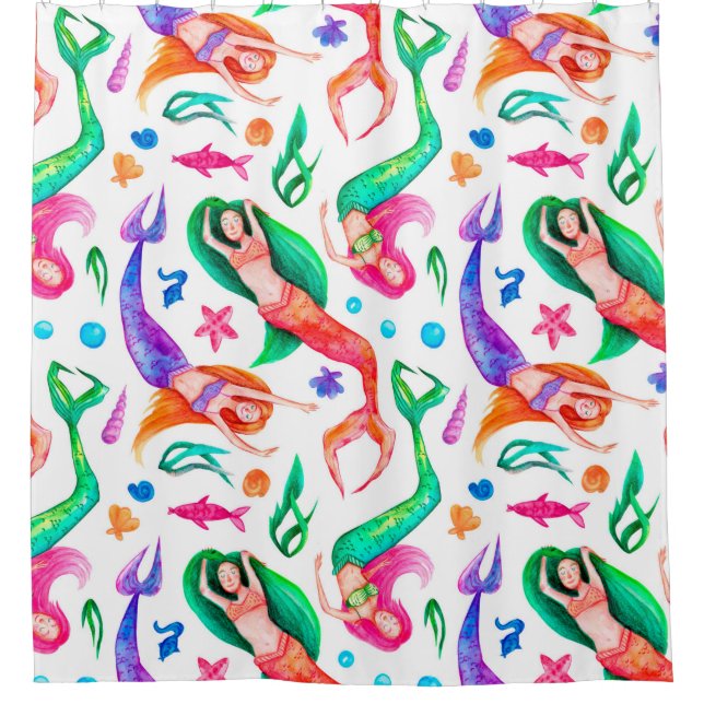 Watercolor seamless pattern with mermaids, seashel shower curtain (Front)