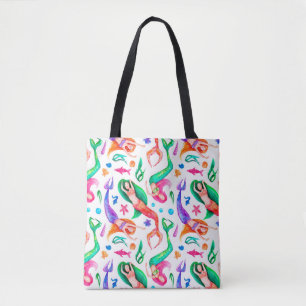 Watercolor seamless pattern with mermaids, seashel tote bag