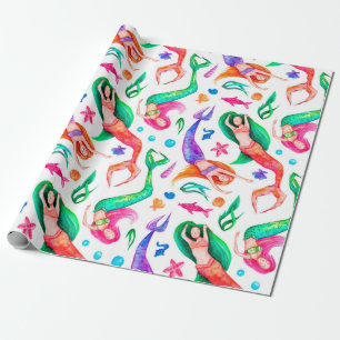 Watercolor seamless pattern with mermaids, seashel wrapping paper