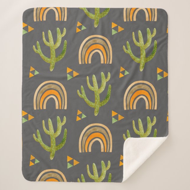 Watercolor seamless pattern with rainbow and cactu sherpa blanket (Front)